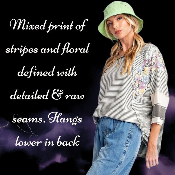 EASEL “Great Vibes” Mixed Print Relaxed & Stretchy Fit Top Defined Seams Details - Picture 9 of 16